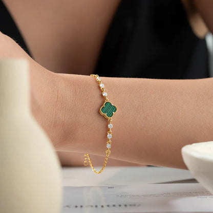 925 Ayar Gümüş Malakit Taşlı Yonca Bileklik