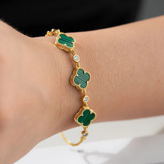 925 Sterling Silver Malachite Stone Four Clover Bracelet