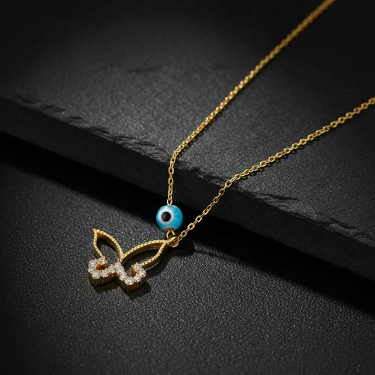 925er Vergoldete Silberkette mit Schmetterling und Nazar-Anhänger