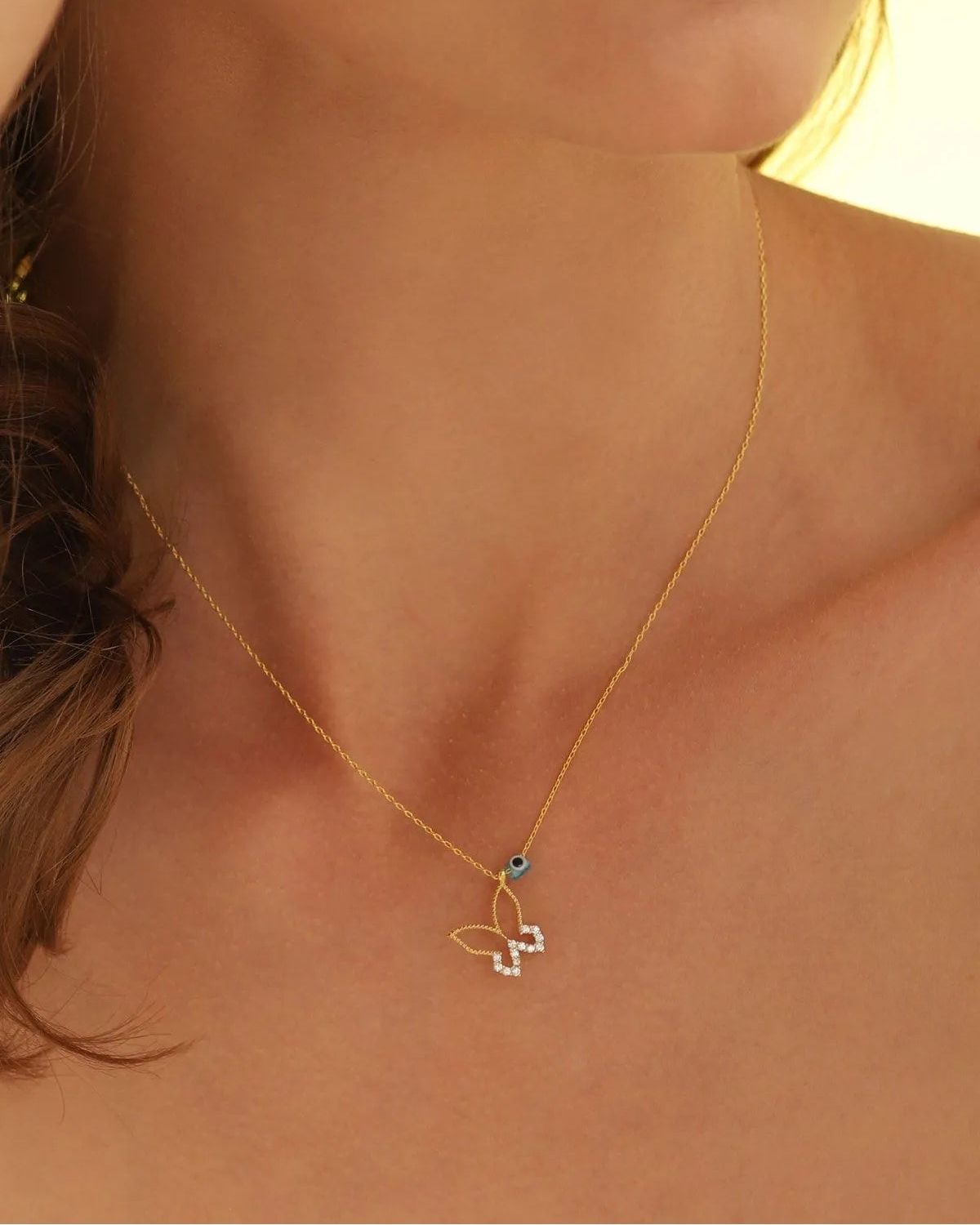 925 Setting butterfly and evil eye bead silver necklace