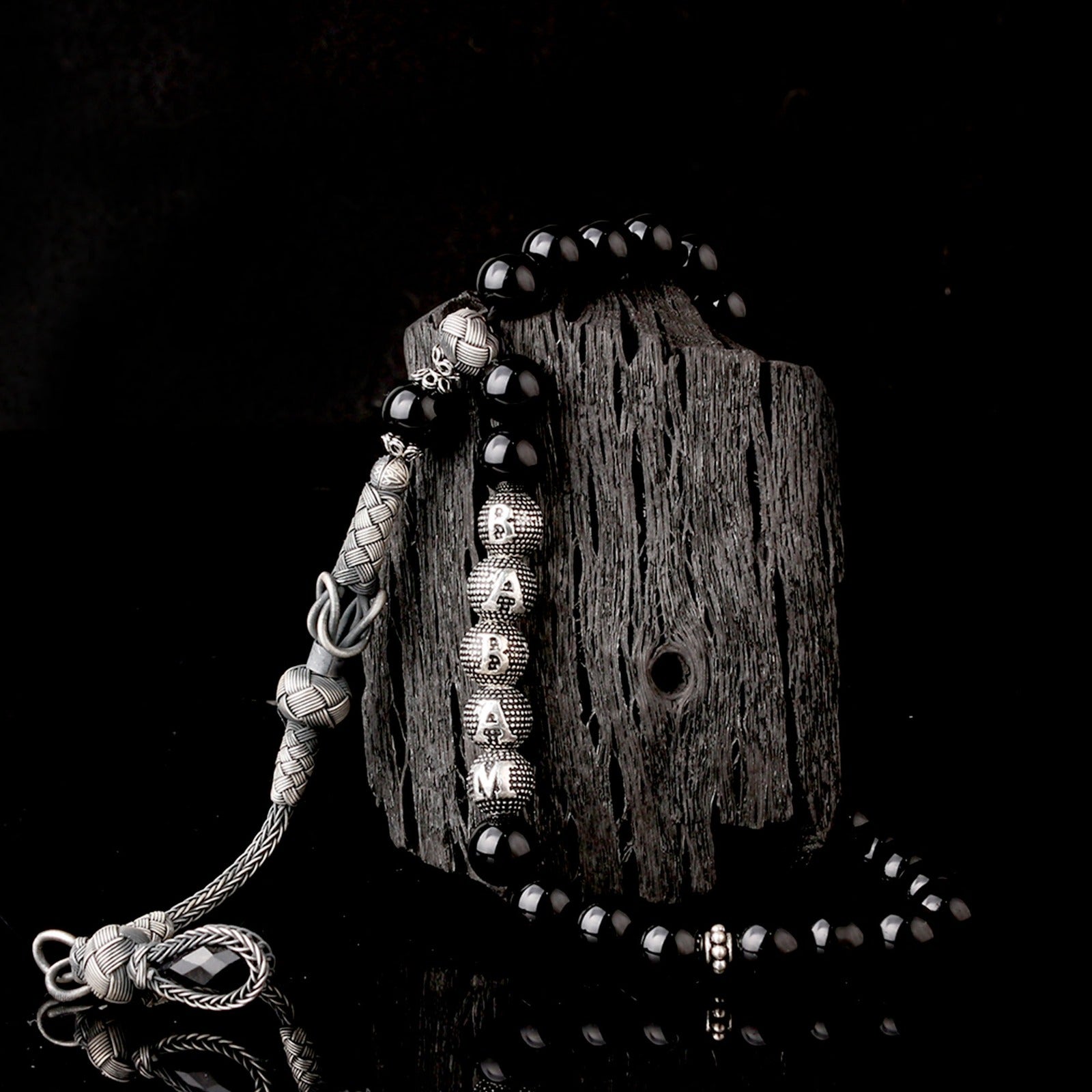 Isim Written Black Fire Amber Rosary - 925 Sterling Silver