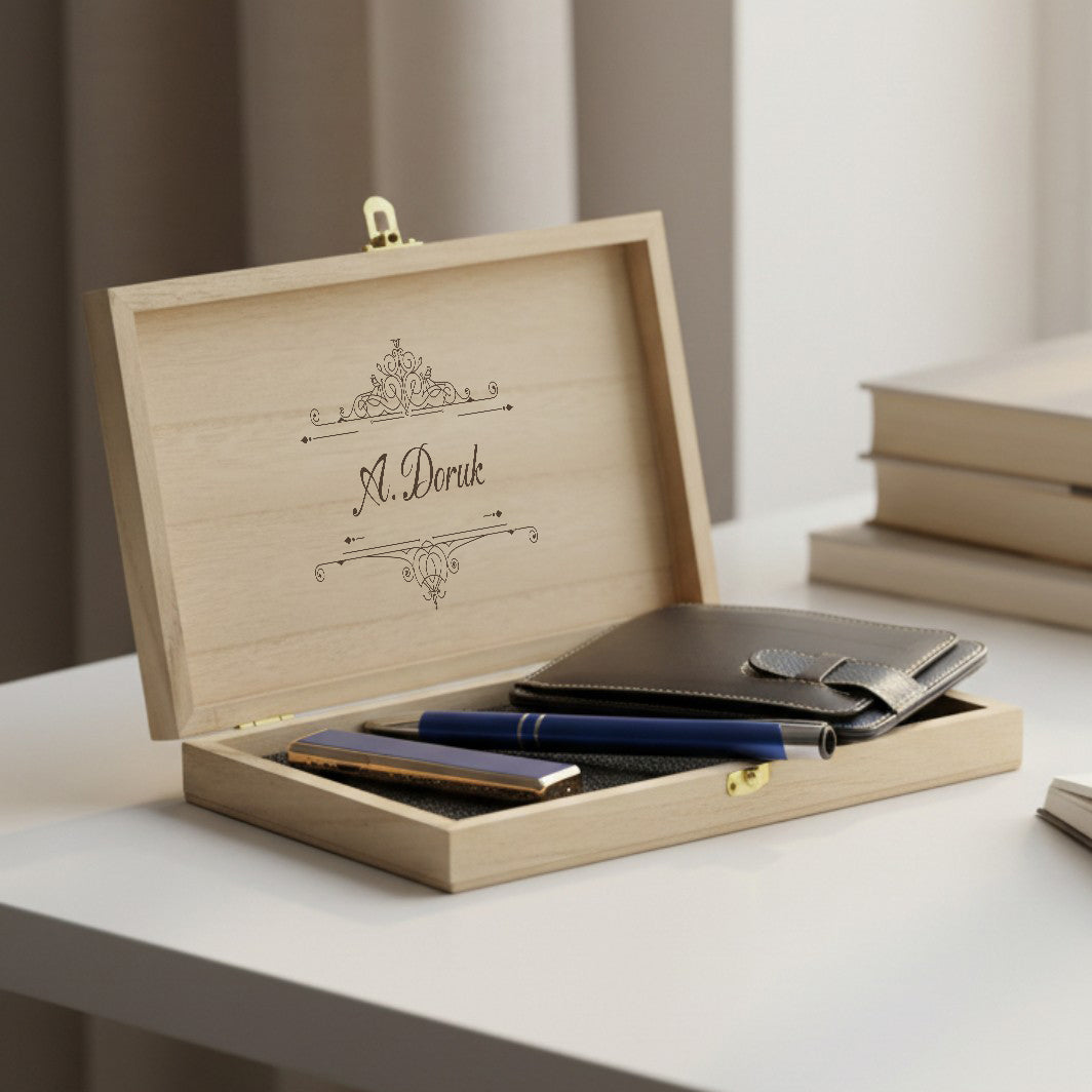 Kişiye Özel Deri Kartlık, USB Elektrikli Çakmak & Mavi Kalem Hediye Seti