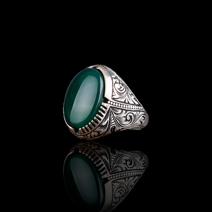 Yeşil Akik Taşlı 925 Ayar Gümüş Erkek Yüzük