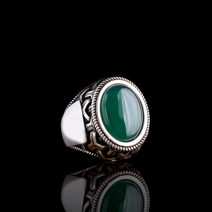 Yeşil Akik Taşlı 925 Ayar Gümüş Erkek Yüzük