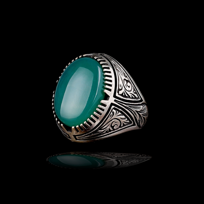 Yeşil Akik Taşlı 925 Ayar Gümüş Erkek Yüzük