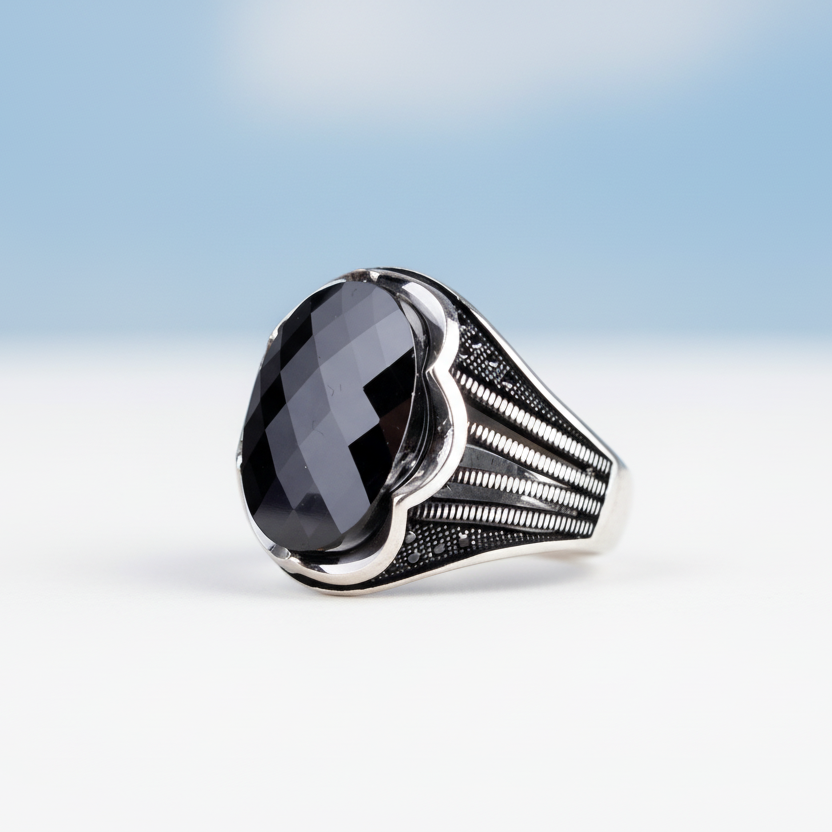 Black Zircon Stone Men's Silver Ring