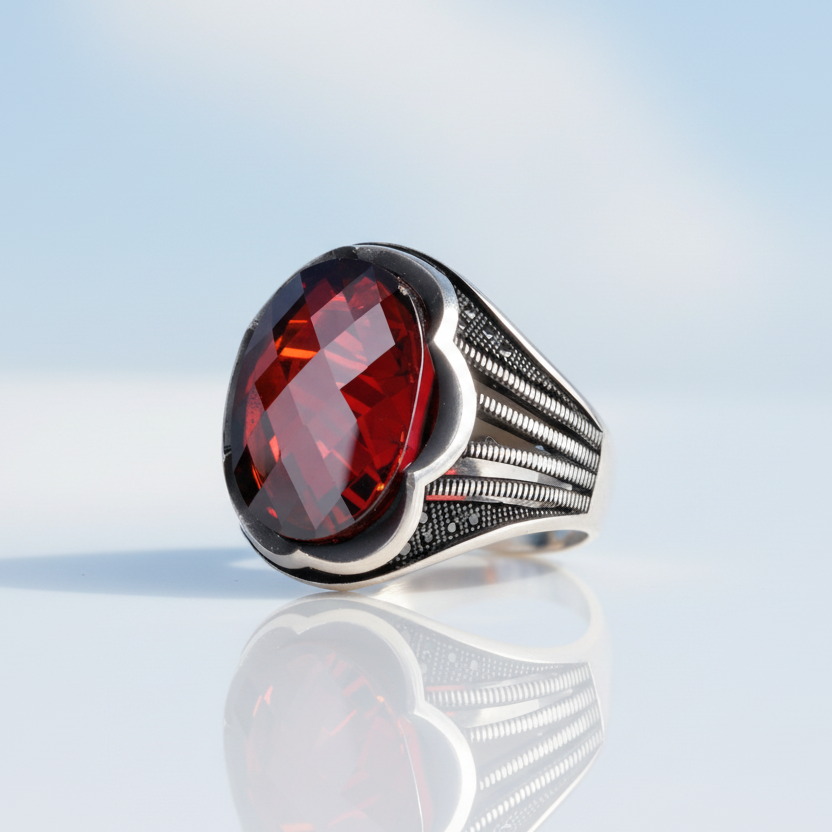 Red Zircon Stone Men's Silver Ring