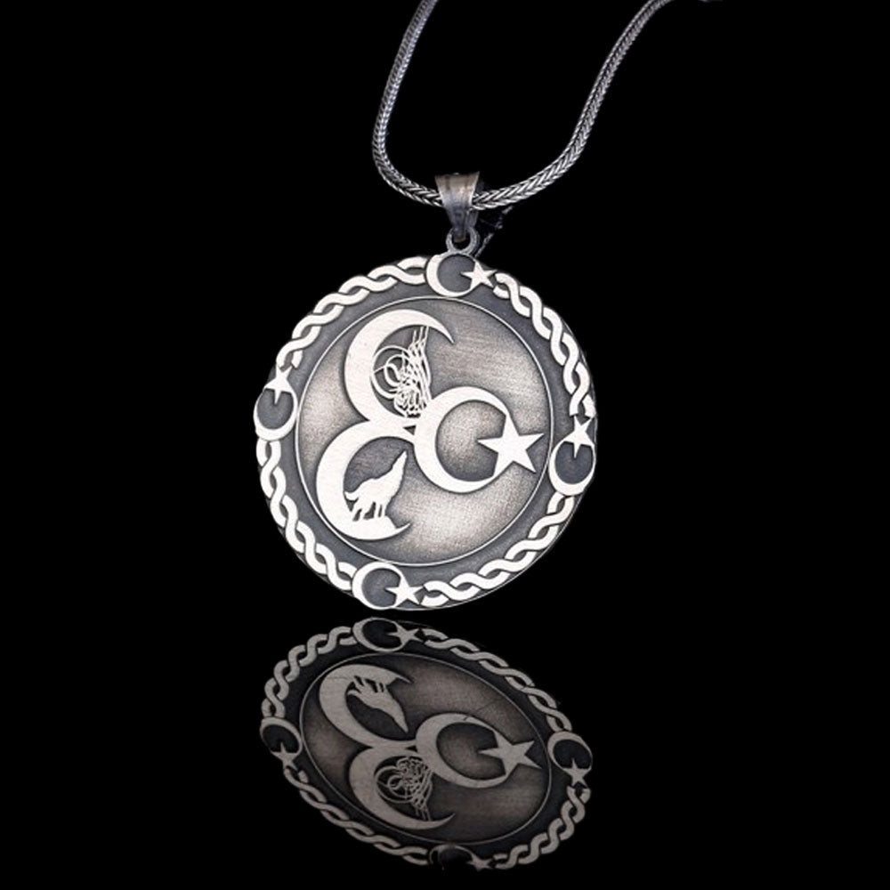 Three crescent tuğra and bozkurt motif men's silver necklace