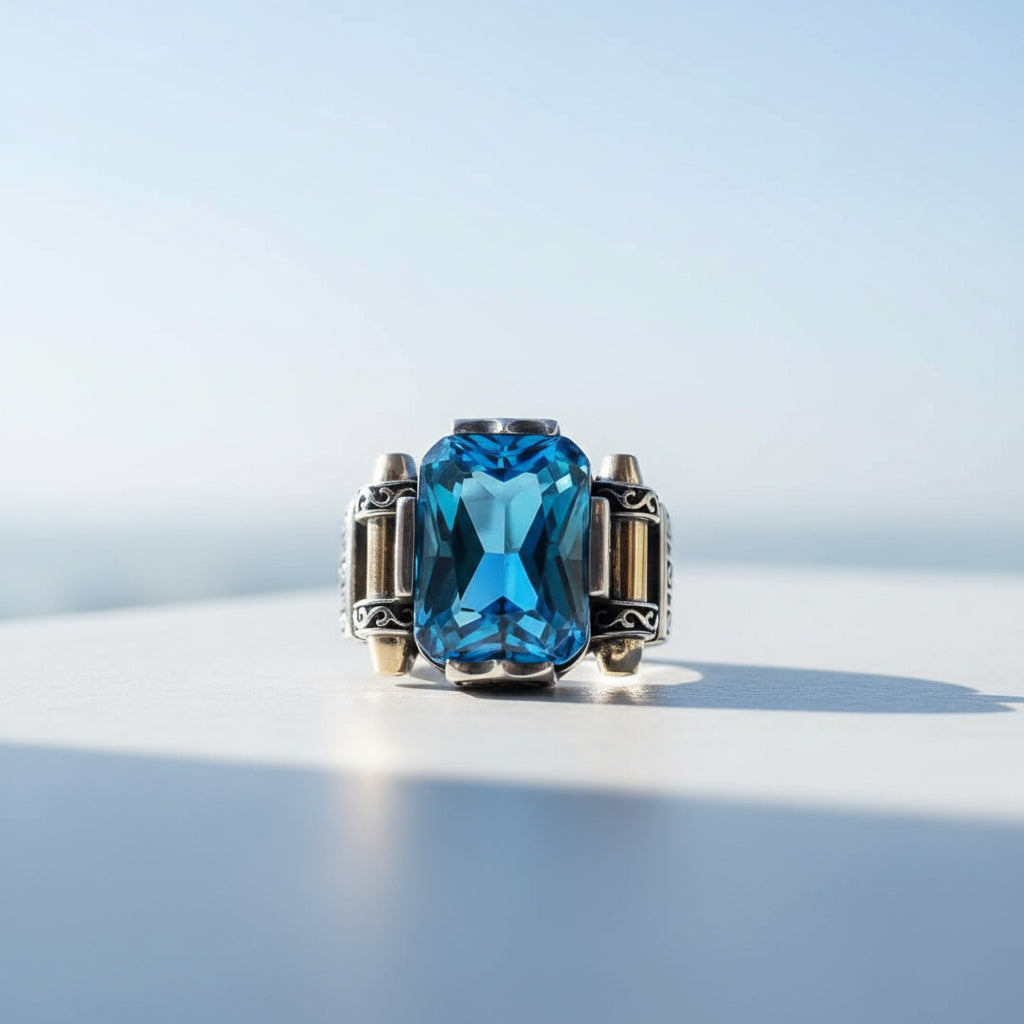 Anneau d'argent pour hommes en pierre de zircon bleu