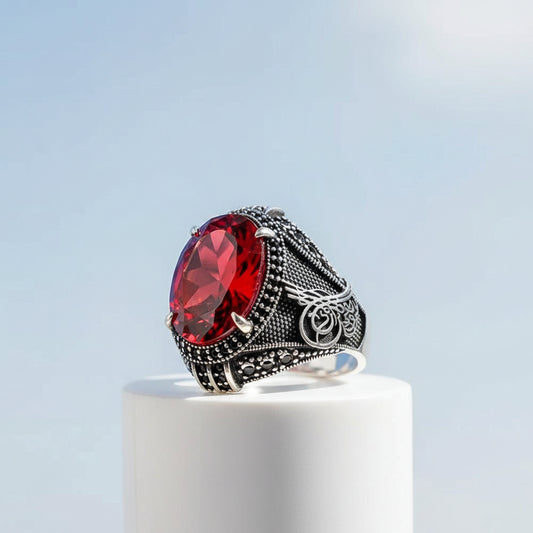 Red Zircon Stone Osmanlı Silver Ring