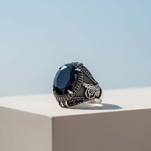Men's 925 Silver Ring with Ottoman Tughra & Black Stone