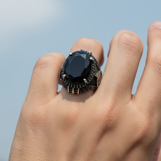 Men's 925 Silver Ring with Ottoman Tughra & Black Stone