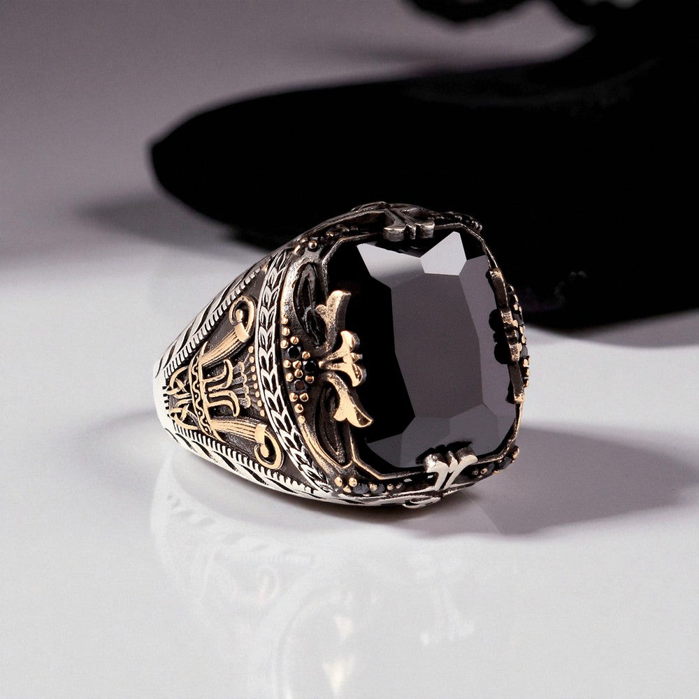 Black Zircon Stone Men's Silver Ring
