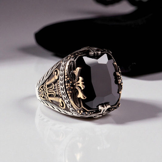 Black Zircon Stone Men's Silver Ring