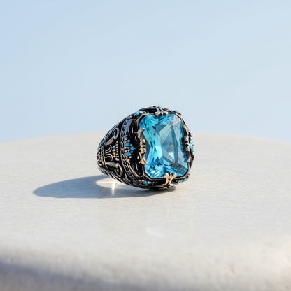 Blauer Topas Stein Herrenring Sterlingsilber