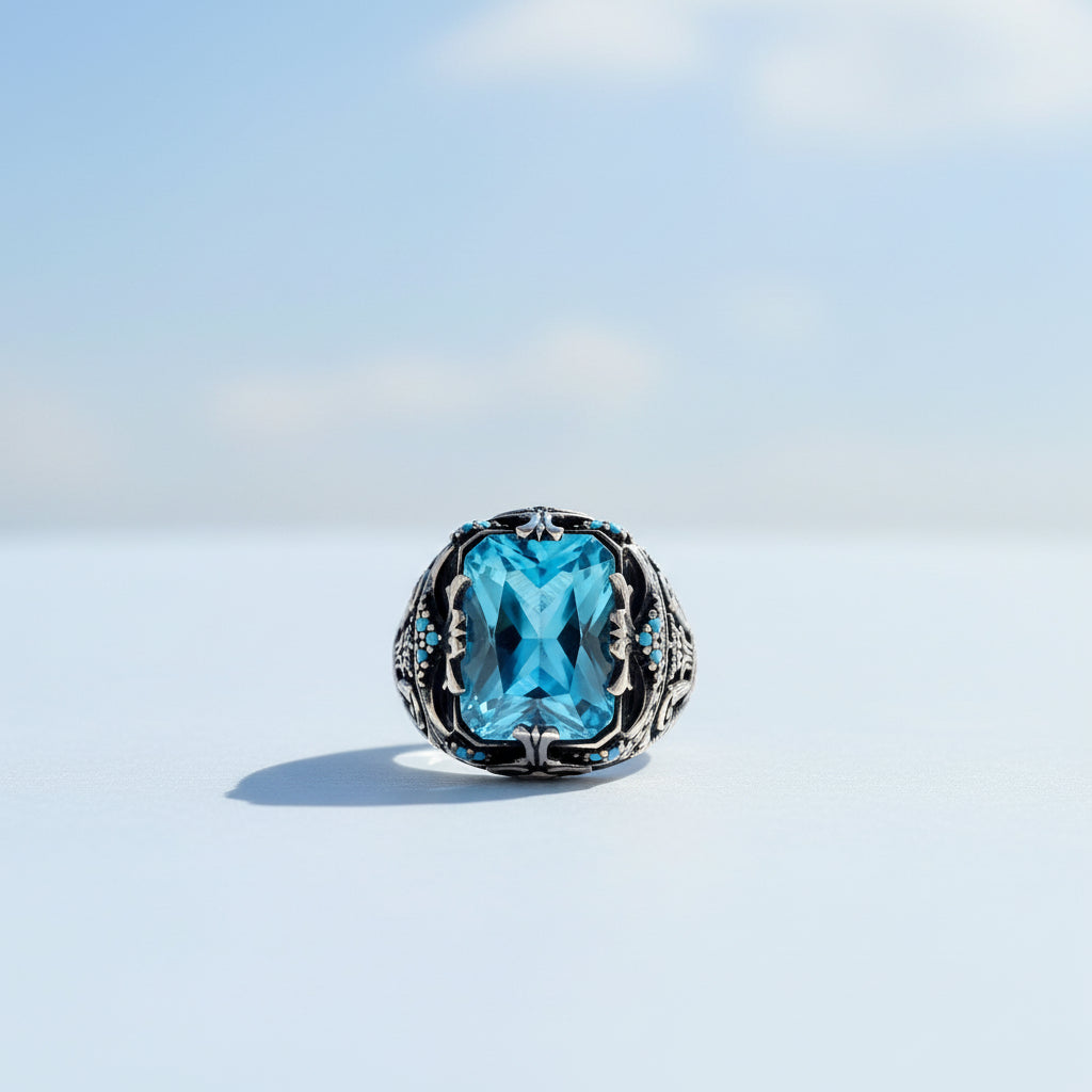 Blauer Topas Stein Herrenring Sterlingsilber