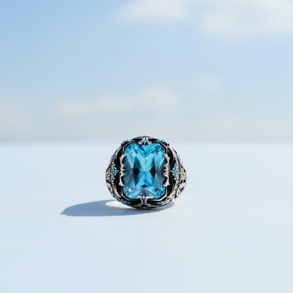 Blauer Topas Stein Herrenring Sterlingsilber