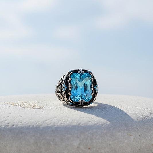 Blauer Topas Stein Herrenring Sterlingsilber
