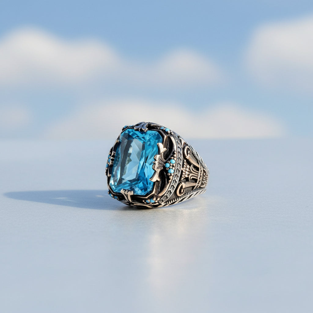 Blauer Topas Stein Herrenring Sterlingsilber