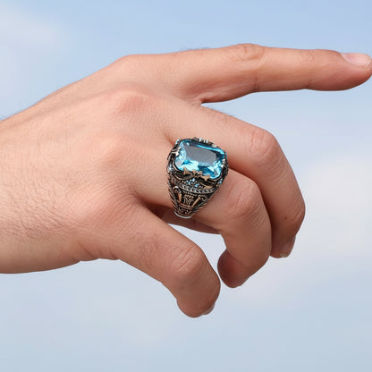 Blauer Topas Stein Herrenring Sterlingsilber