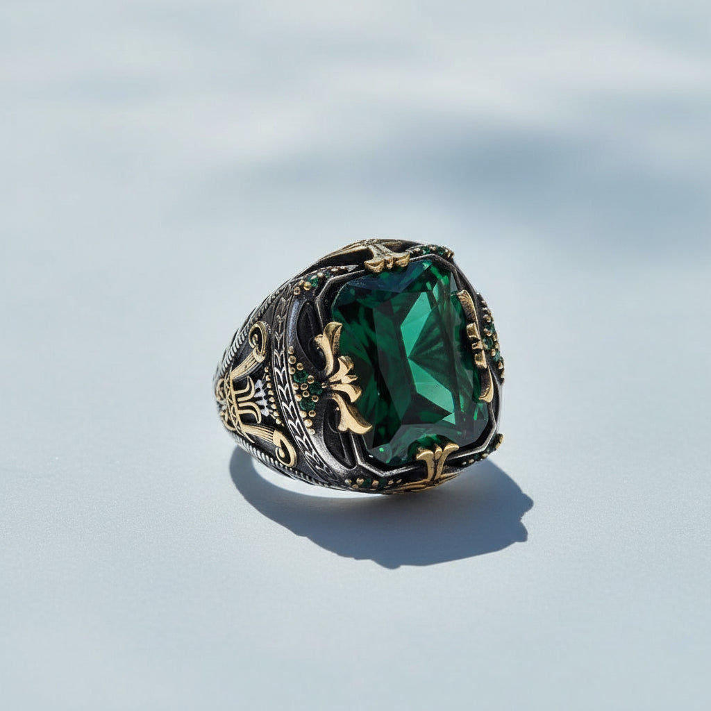 Green Zircon Stone Men's Silver Ring