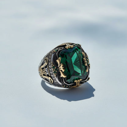 Green Zircon Stone Men's Silver Ring