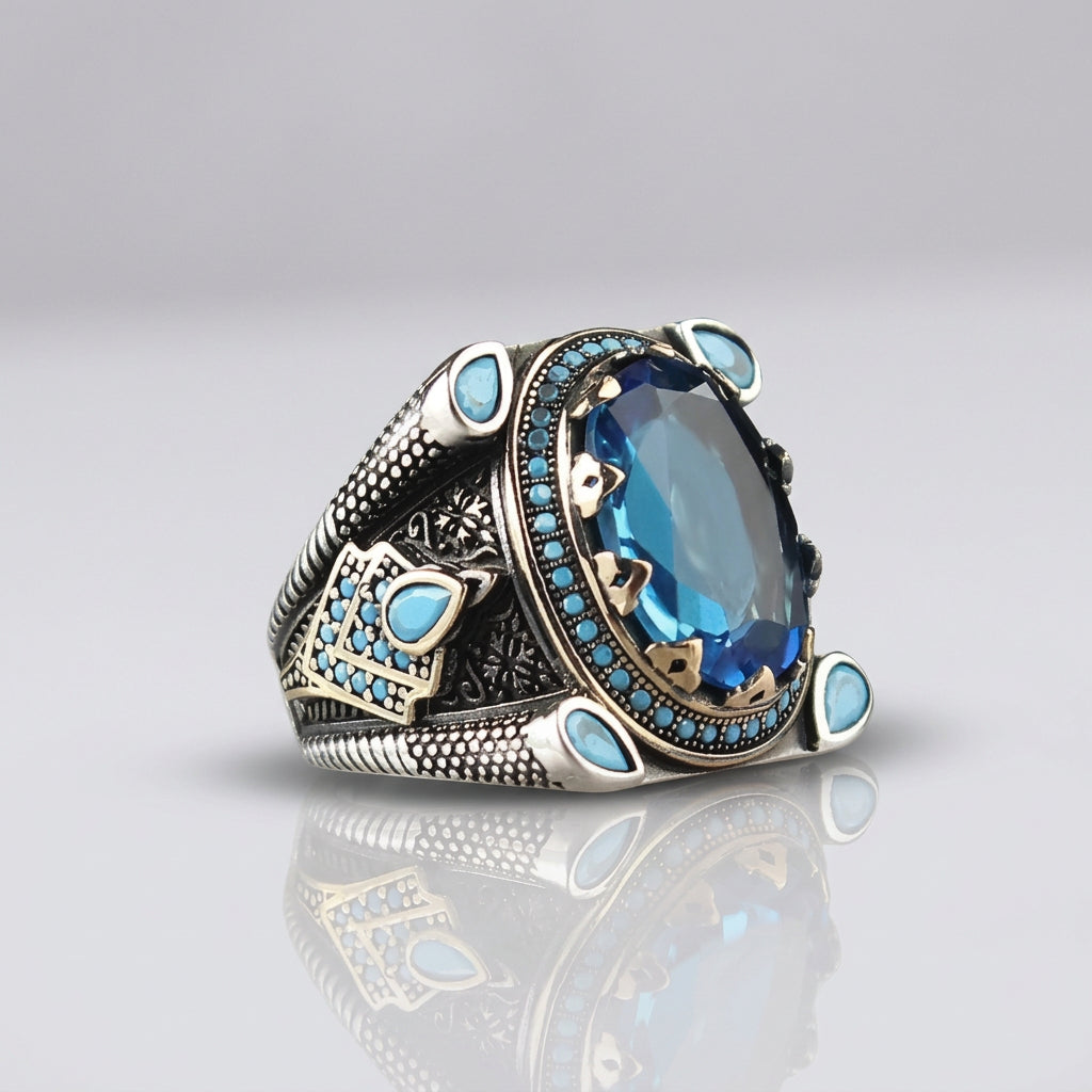 Ocean Blue Mystic Topaz Erkek Yüzük | 925 Ayar Gümüş