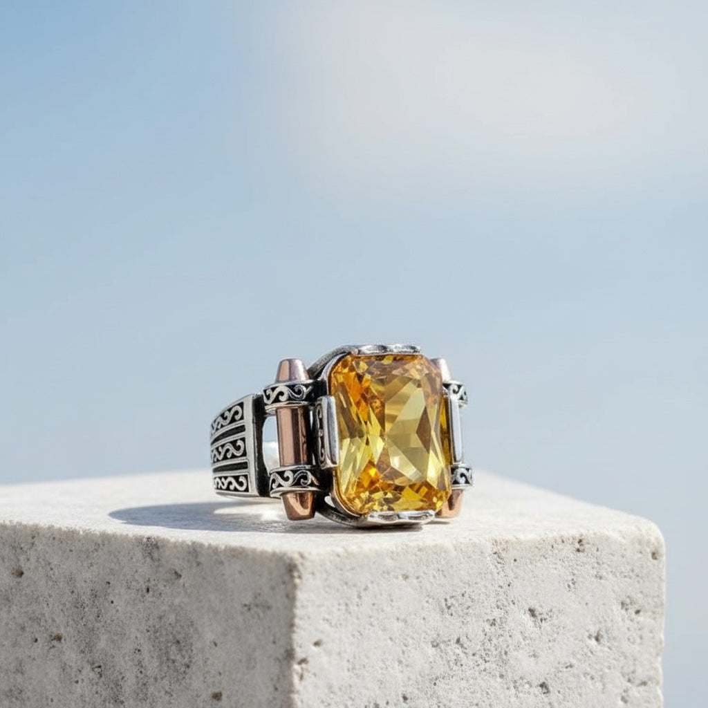 925 sterling silver yellow zircon stone model male ring