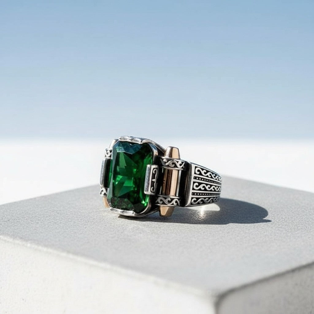 925 Ayar Gümüş Yeşil Zirkon Taşlı Model Erkek Yüzük