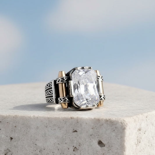 925 Ayar Gümüş Beyaz Zirkon Taşlı Model Erkek Yüzük