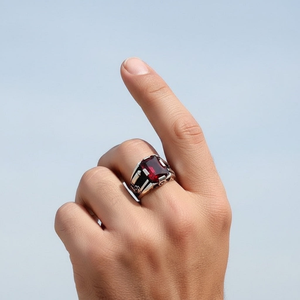 Red Zircon Stone Men's Silver Ring