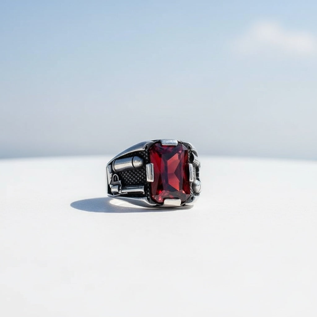Red Zircon Stone Men's Silver Ring