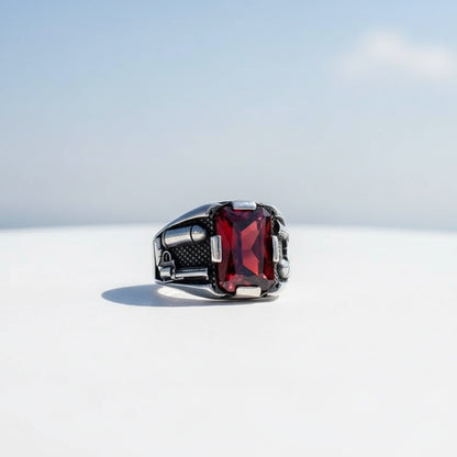 Red Zircon Stone Men's Silver Ring