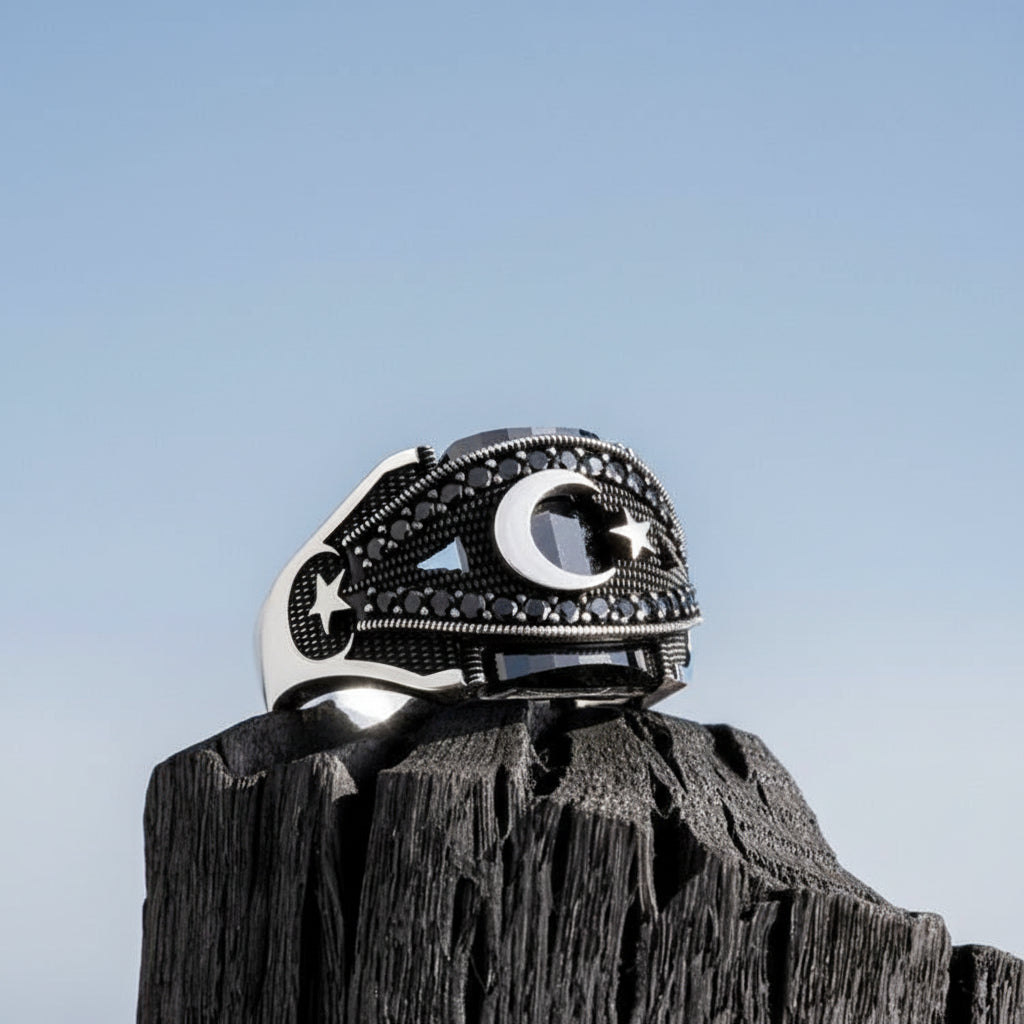 Moon Star Black Zircon Stone Men's Silver Ring