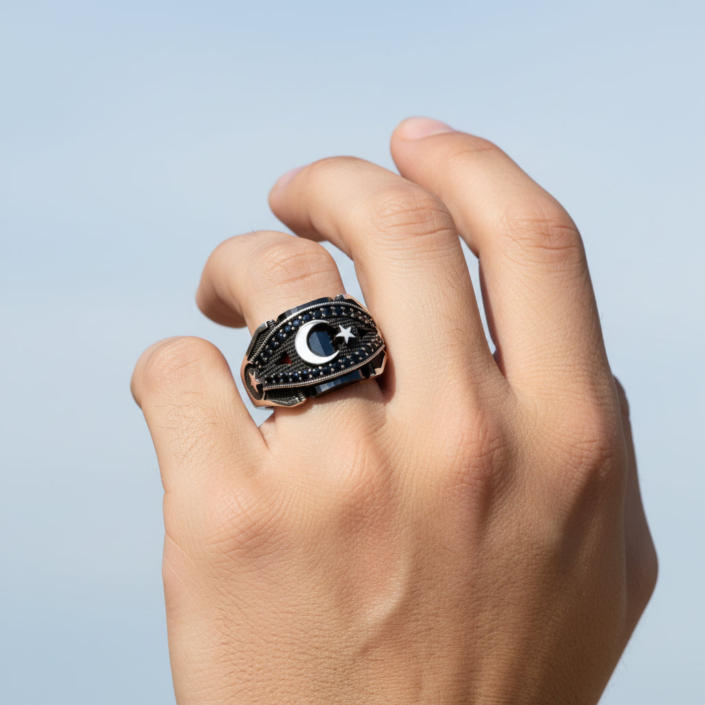 Moon Star Black Zircon Stone Men's Silver Ring