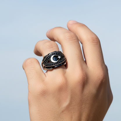 Moon Star Black Zircon Stone Men's Silver Ring