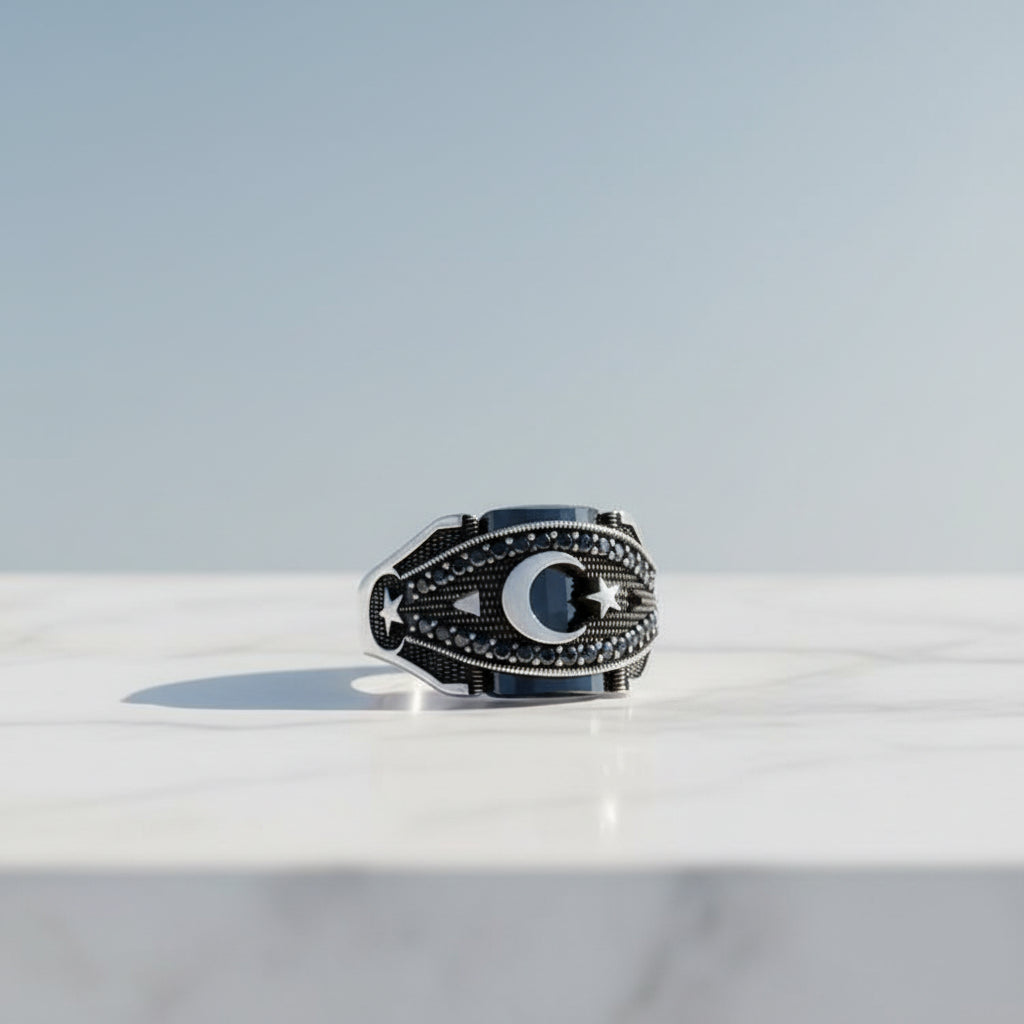 Moon Star Black Zircon Stone Men's Silver Ring