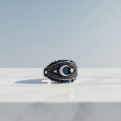 Moon Star Black Zircon Stone Men's Silver Ring