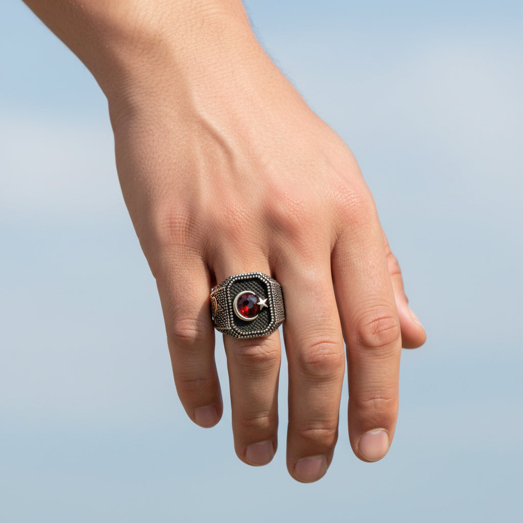 925 Sterling Silver Tuğra Moon Yıldız Men's Ring
