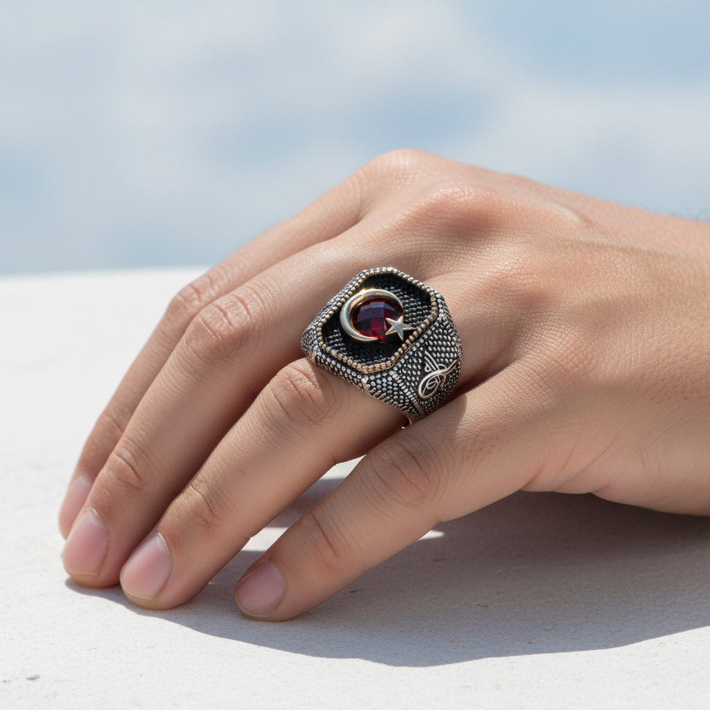 925 Sterling Silver Tuğra Moon Yıldız Men's Ring