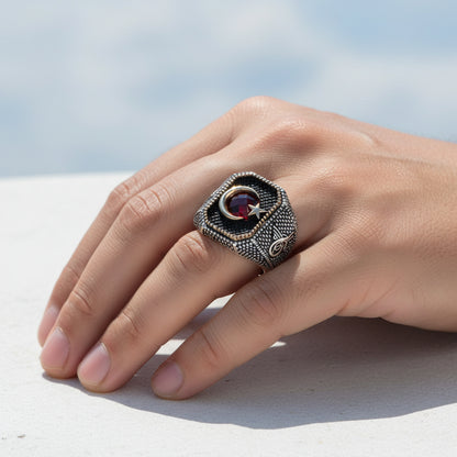 925 Sterling Silver Tuğra Moon Yıldız Men's Ring