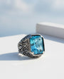 Aqua Blue Zircon Stone Men's Silver Ring