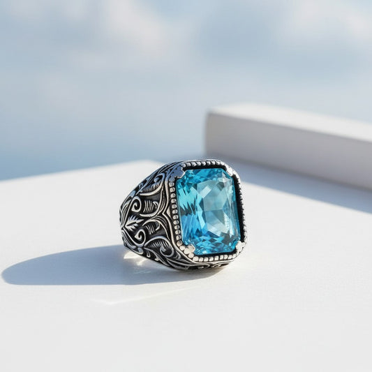 Aqua Blue Zircon Stone Men's Silver Ring