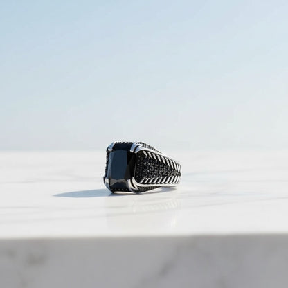 Black Zircon Stone Men's Silver Ring
