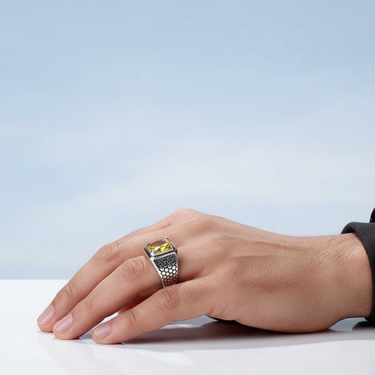 Sarı Zirkon Taşlı Erkek Gümüş Yüzük