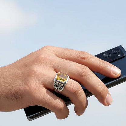 Sarı Zirkon Taşlı Erkek Gümüş Yüzük