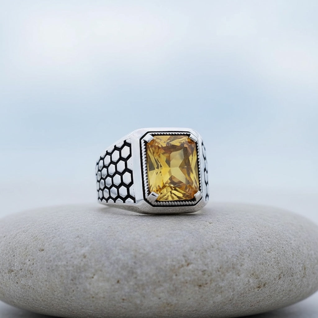 Yellow Zircon Stone Men's Silver Ring