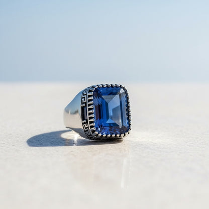 Blue Zircon Stone Men's Silver Ring