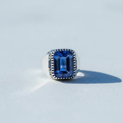 Blue Zircon Stone Men's Silver Ring