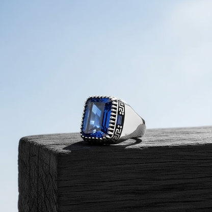 Blue Zircon Stone Men's Silver Ring